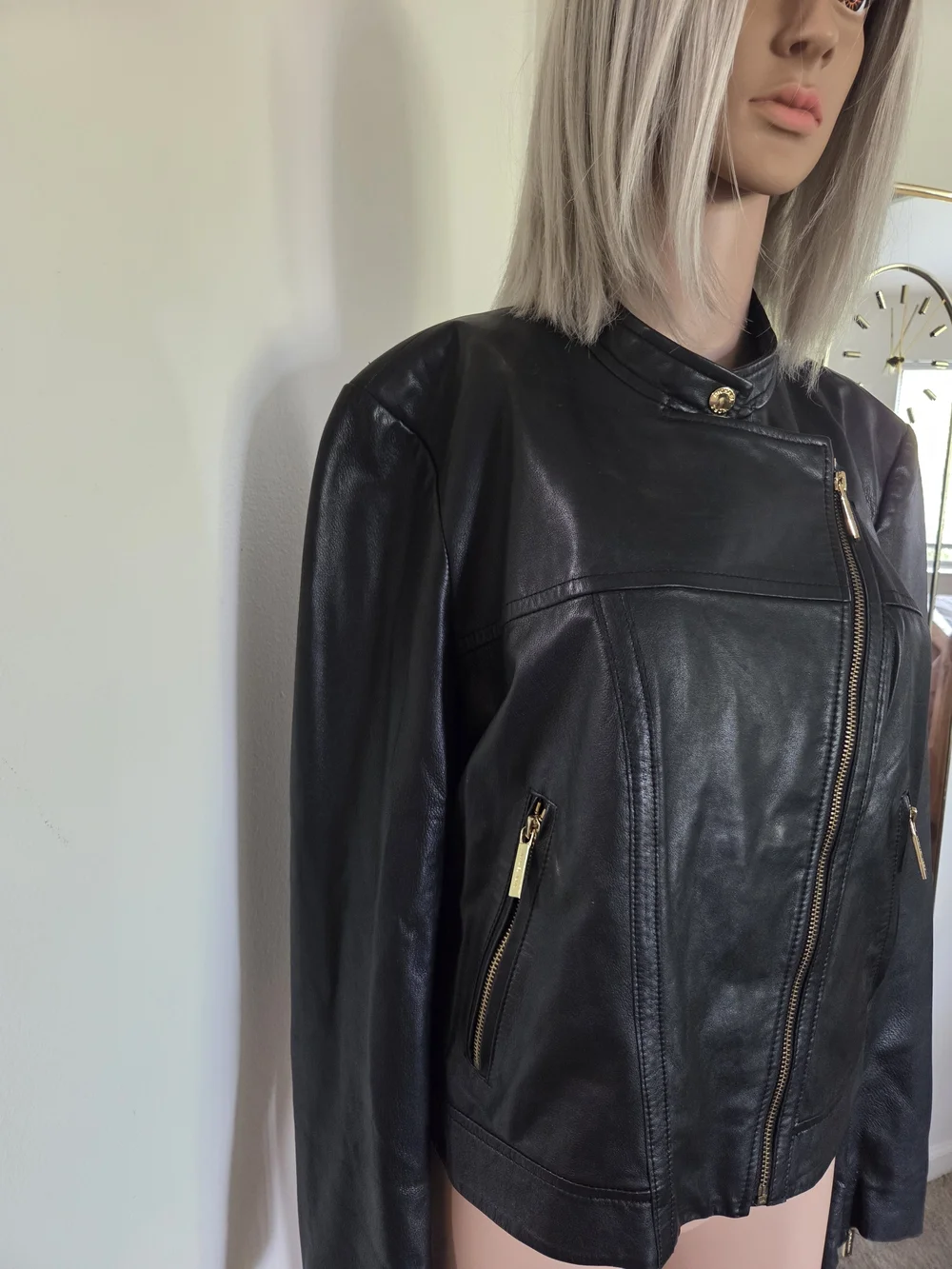 Michael Kors Womens Black Leather Moto Jacket with Gold Hardware Size 16
